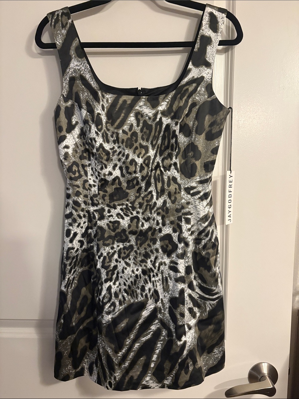 JAYGODFREY Olive and Black Leopard Satin Sheath Mini Dress